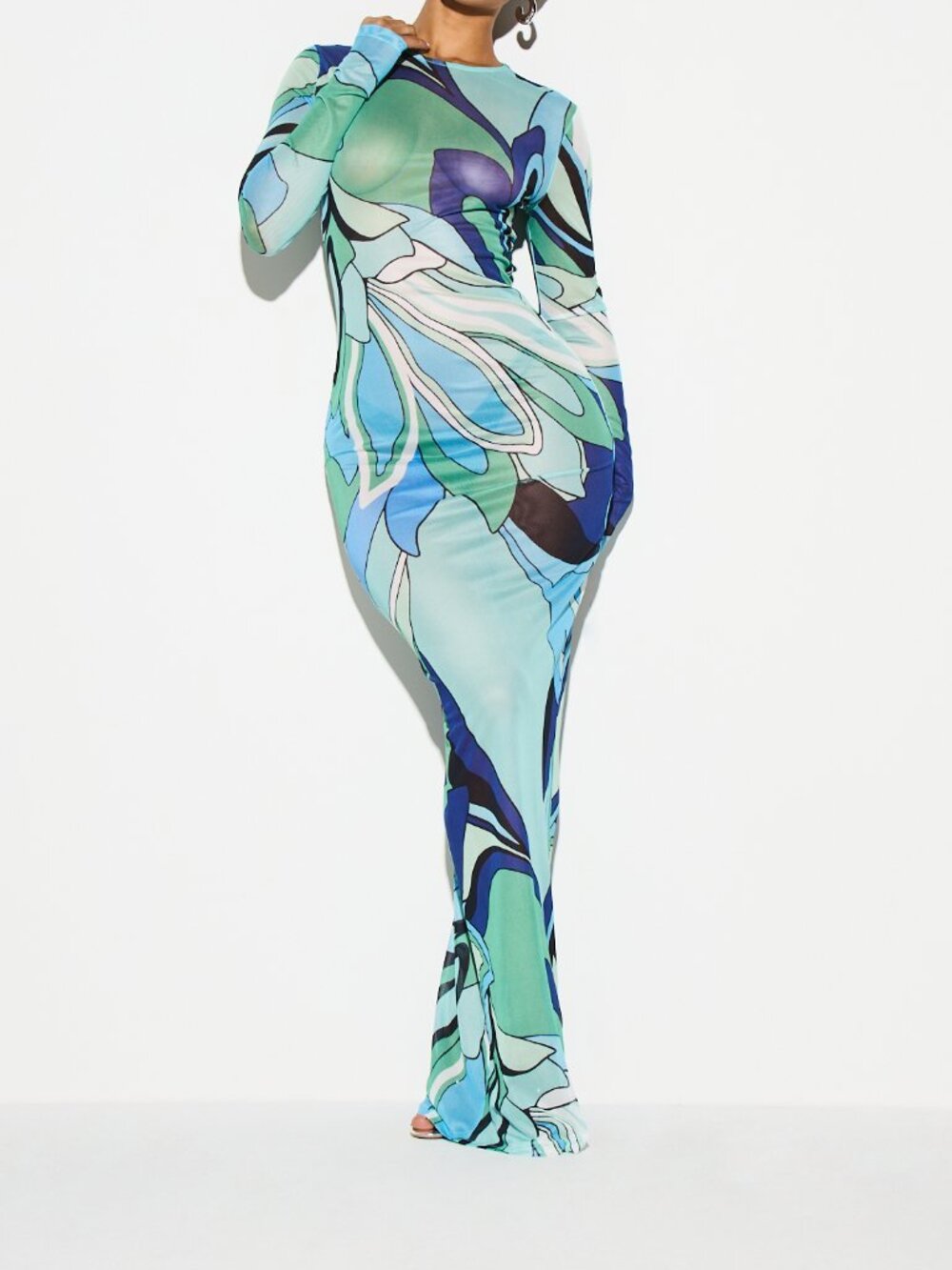 Multicolor Casual Women's Abstract Print Bodycon Long Sleeve Maxi Dress - Picture 3 of 5